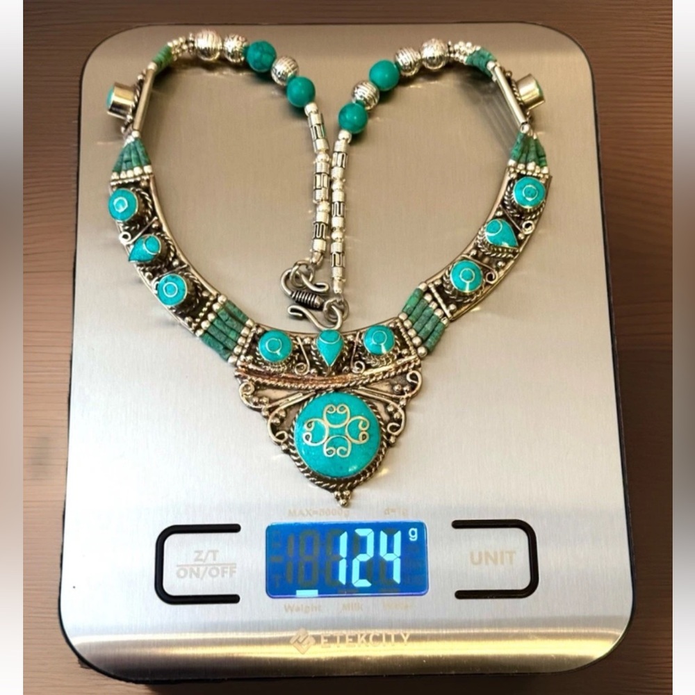 Handcrafted Ethnic Tribal Style Necklace Inlay Turquoise Set In Silver 124grams - Picture 7 of 7